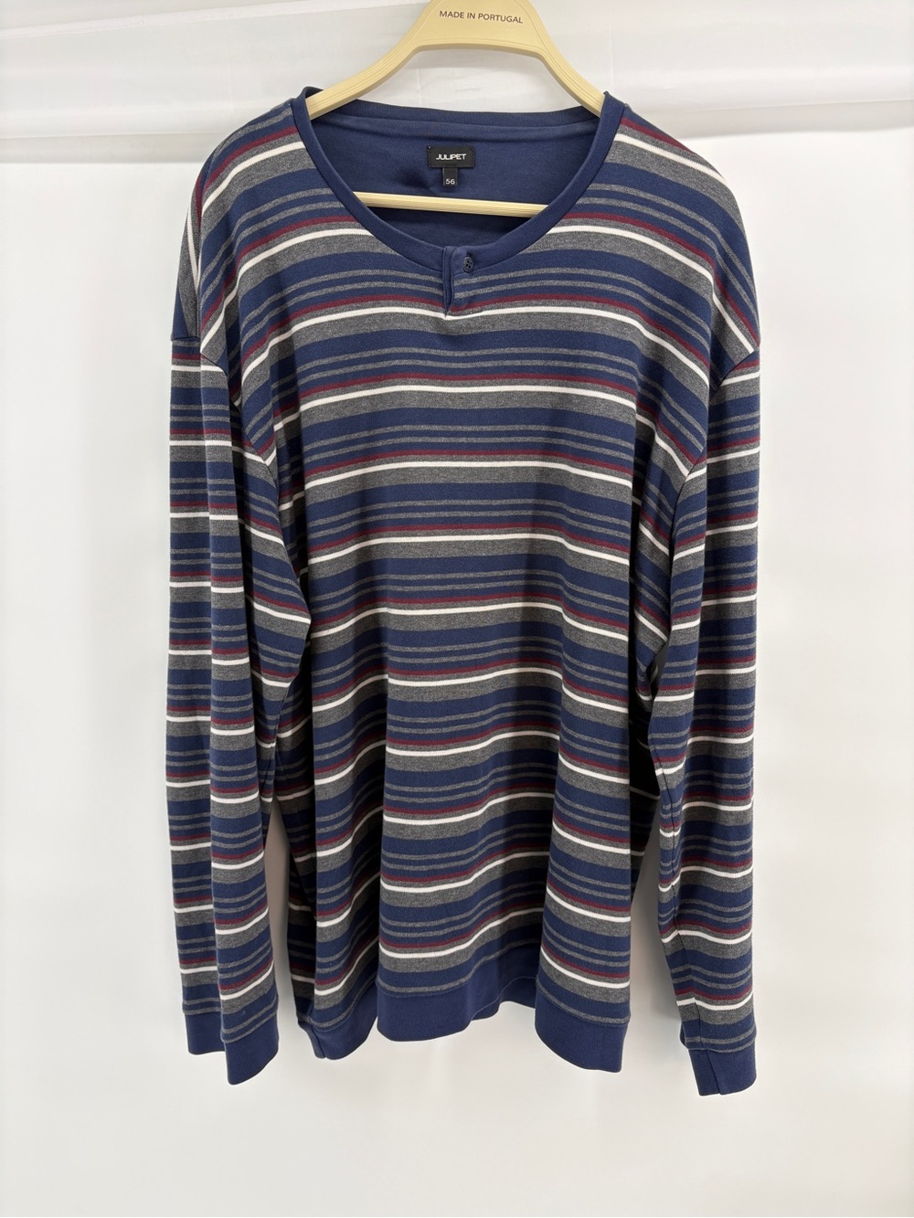 Julipet Mens Size 56 Blue Striped Cotton Long Sleeve Henley Lounge Shirt Italy